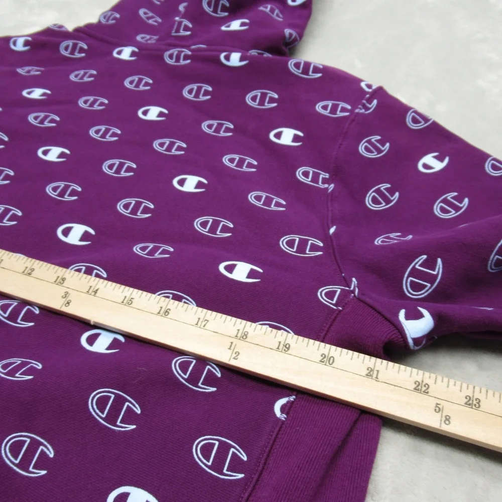 Champion Hoodie Womens Medium Purple All Over Print Reverse Weave Heavyweight - Picture 10 of 12